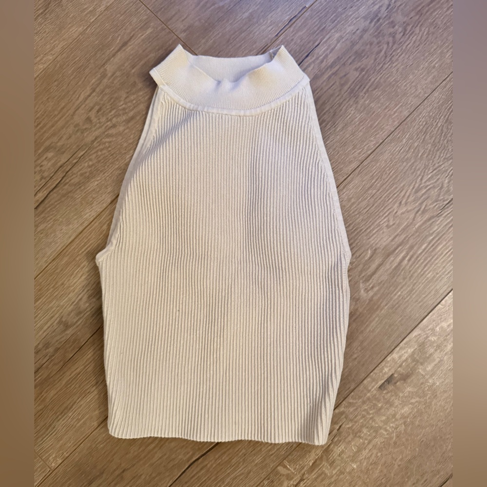 Babaton Aritzia Beige Gray Ribbed Sculpt Knit Top. Mock neck Halter. Size XS.